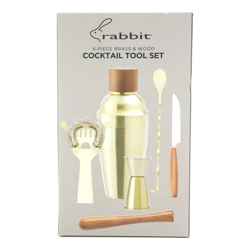 Rabbit 6 Piece Brass & Wood Cocktail Tool Set